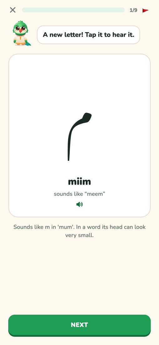 Learning the Urdu letter miim